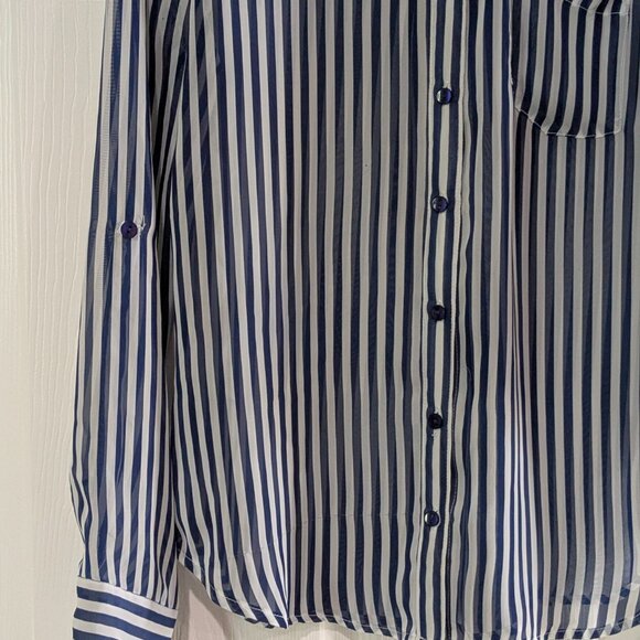 BCX Women's Sheer Striped Blouse Blue White, Size M, Long Sleeve, Button Front - Picture 4 of 16